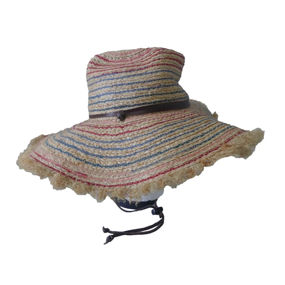 Kate Landry Wide Brim Straw‎ Hat Summer Hat Colorful Thread Leather Chin Strap